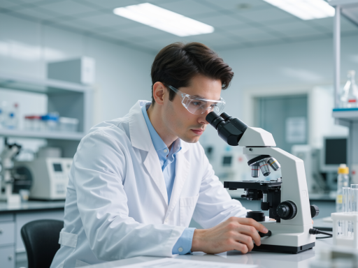 专业技术人员在实验室进行鱼类健康检测工作，显微镜设备，水质分析仪器，白色实验服，认真专注的工作状态